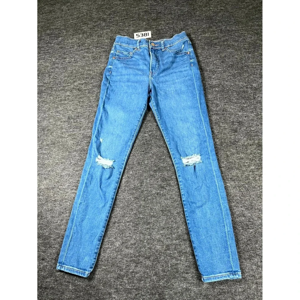 Express Jeans Womens 2R Blue Denim Distressed Medium Wash Skinny Leg High Rise‎